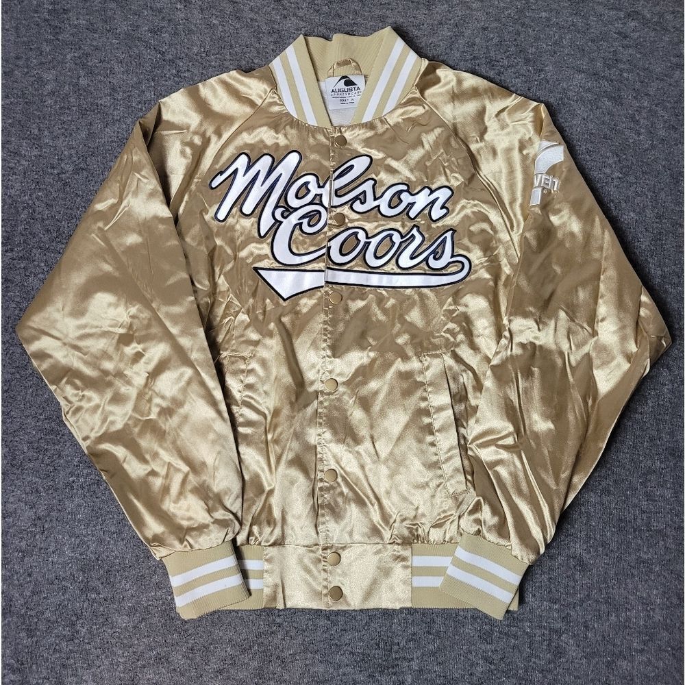 Molson Coors Augusta Sportswear Jacket Size S Gold Satin Snap Varsity Bomber
